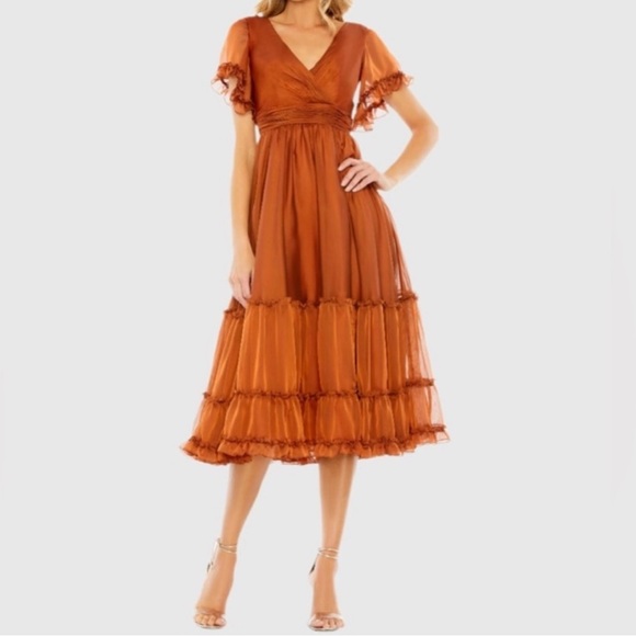 MAC DUGGAL Rust Tea Length Ruffled Dress withSheer Flutter Sleeves - Reemoly